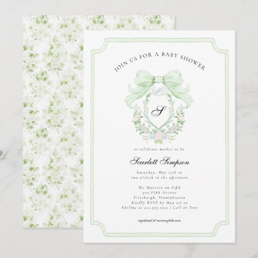 Preppy Botanical Green Bow Monogram Baby Shower   Kaart (Voorkant / Achterkant)