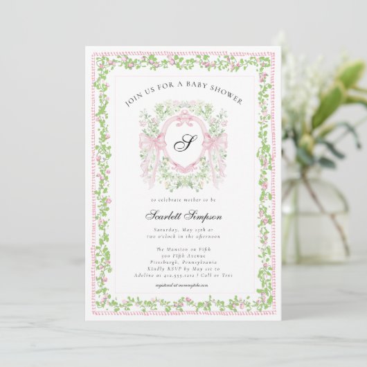 Preppy Botanical Pink Bow Monogram Baby Shower   Kaart (Staand voorkant)