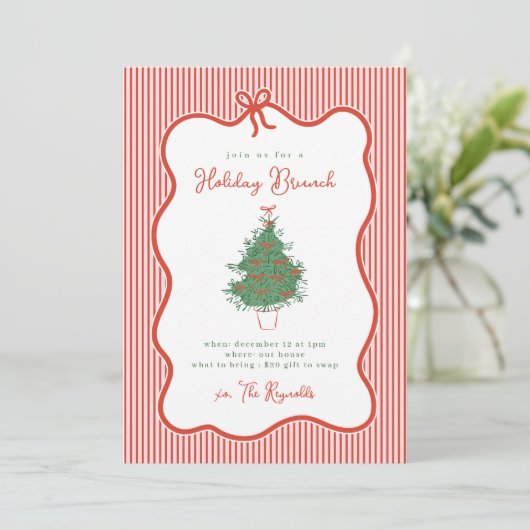 Preppy Bow Holiday Brunch Party Invite Kaart (Staand voorkant)