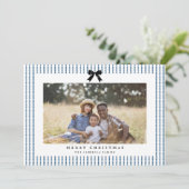 Preppy Bow Indigo Stripe Foto Feestdagenkaart (Staand voorkant)