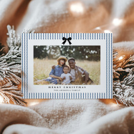 Preppy Bow Indigo Stripe Foto Feestdagenkaart