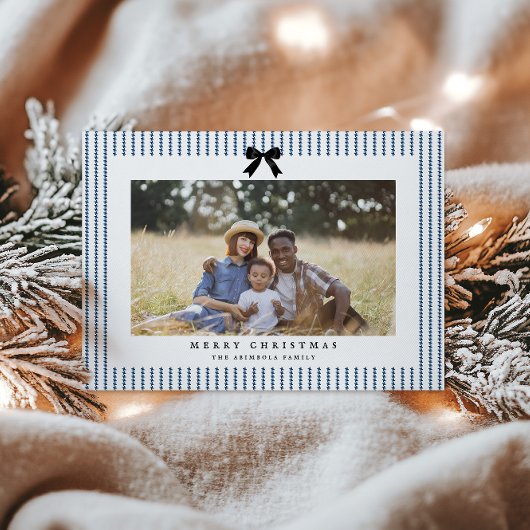 Preppy Bow Indigo Stripe Foto Feestdagenkaart