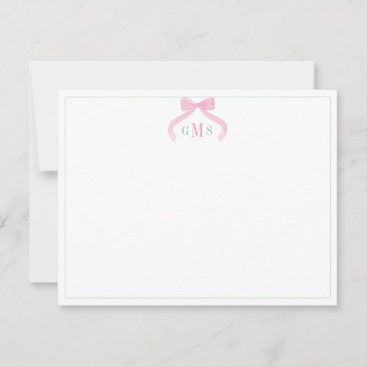 Preppy Bow Pink And Green Three Letter Monogram Bedankkaart (Voorkant)