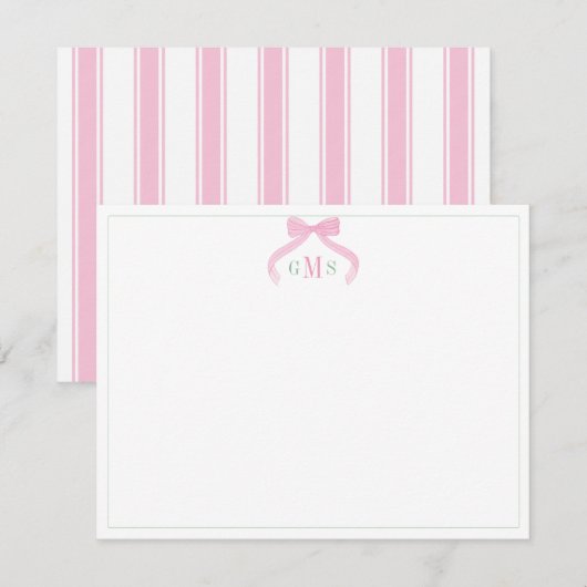 Preppy Bow Pink And Green Three Letter Monogram Bedankkaart (Voorkant / Achterkant)