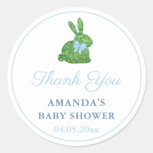 Preppy Boxwood Bunny Blue Bow Baby shower Favor Ronde Sticker