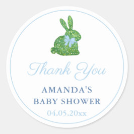 Preppy Boxwood Bunny Blue Bow Baby shower Favor Ronde Sticker