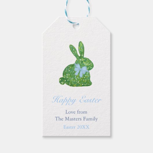 Preppy Boxwood Bunny Blue Bow Happy Pasen Cadeaulabel (Voorkant)
