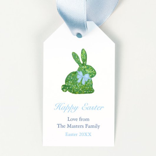 Preppy Boxwood Bunny Blue Bow Happy Pasen Cadeaulabel