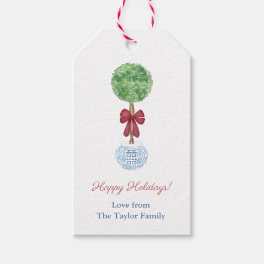 Preppy Boxwood Red Green Blue Prettige feestdagen Cadeaulabel (Voorkant)