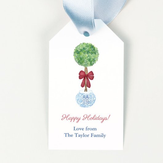 Preppy Boxwood Red Green Blue Prettige feestdagen Cadeaulabel