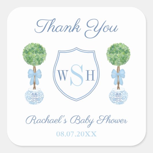 Preppy Boy Baby shower Monogram Dank je wel Vierkante Sticker (Voorkant)