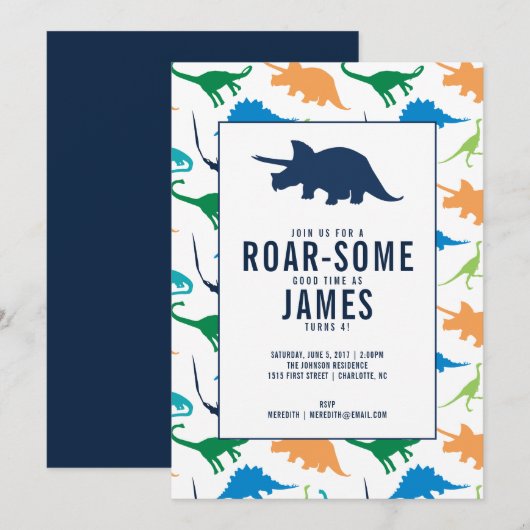 Preppy Boy Dinosaur Birthday Party Invitation Kaart (Voorkant / Achterkant)
