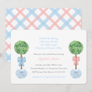 Preppy Boy Girl Twins roze Blue Ribbon Baby shower Kaart