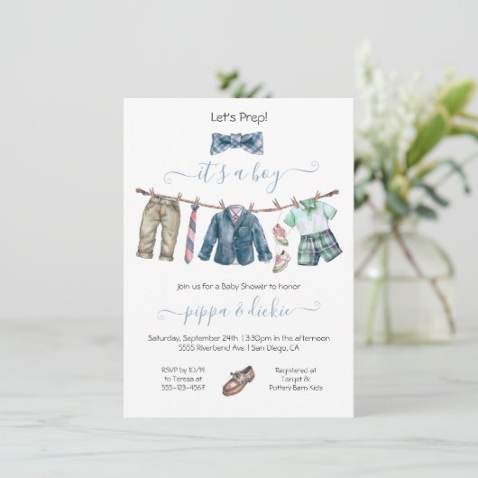 Preppy Boy waslijn Baby shower Kaart (Staand voorkant)