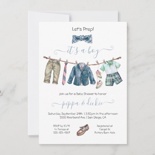 Preppy Boy waslijn Baby shower Kaart (Voorkant)