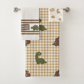Preppy Boys Dinosaur Gingham - Brown Green & Khaki Bad Handdoek