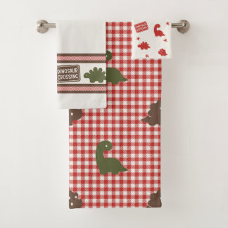 Preppy Boys Dinosaur Gingham -  Brown Green & Red Bad Handdoek