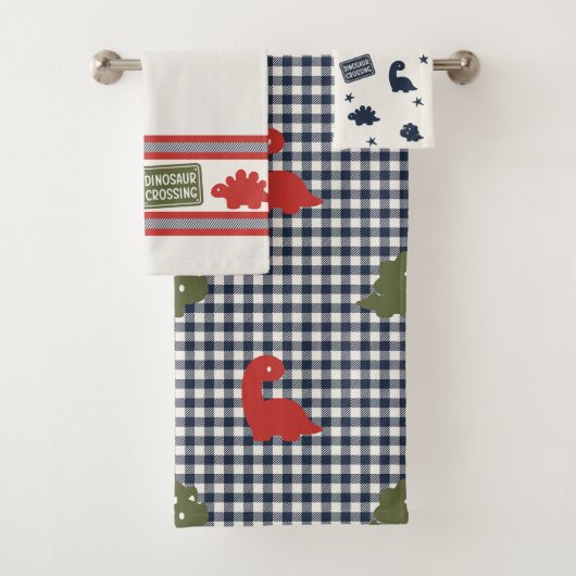 Preppy Boys Dinosaurus Gingham - Rood & Marineblau Bad Handdoek (Insitu)