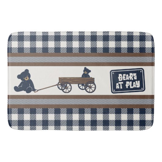 Preppy Boys Teddybeer & Gingham - Bruin & Marinebl Badmat (Voorkant)