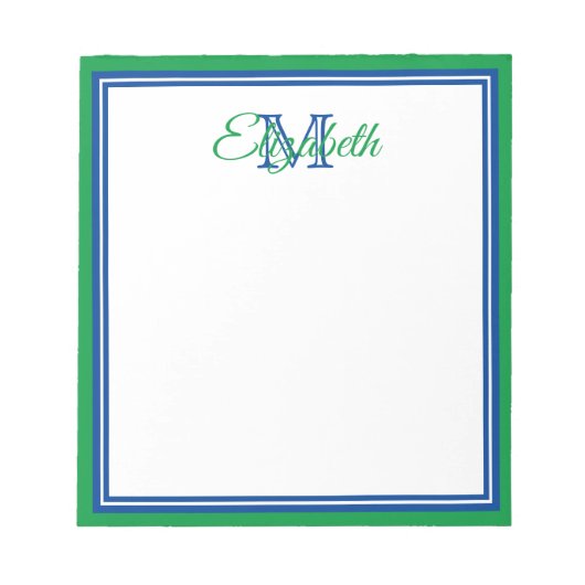 Preppy Bright Kelly Green en Deep Blue Monogram Notitieblok (Voorkant)