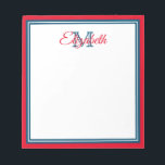 Preppy Bright Red en Marine Blue Monogram Notitieblok<br><div class="desc">Pas dit roodbruine, mariene blauwe en witte monogram notitieblok aan met uw naam en initiaal.</div>