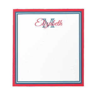 Preppy Bright Red en Marine Blue Monogram Notitieblok