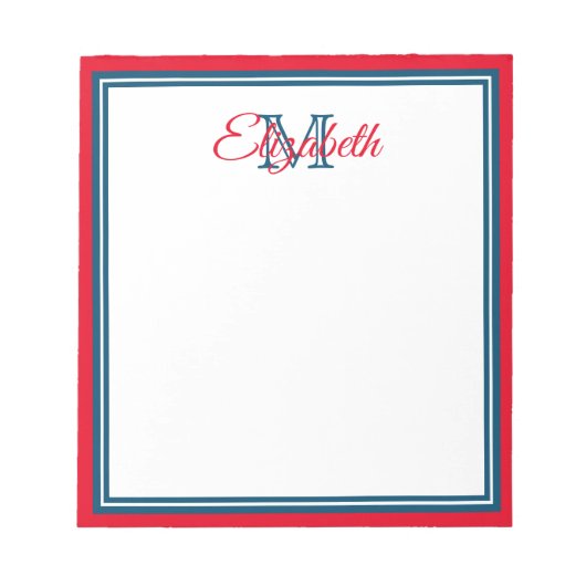 Preppy Bright Red en Marine Blue Monogram Notitieblok (Voorkant)