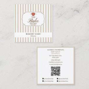 Preppy Brown & Beige Strepen Bakkerij Logo QR Code Vierkante Visitekaartje
