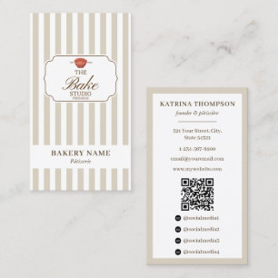 Preppy Brown & Beige Strepen Bakkerij Logo QR Code Visitekaartje