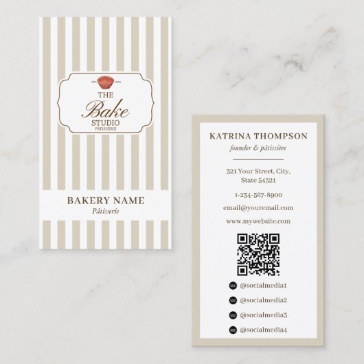 Preppy Brown & Beige Stripes Bakery Logo QR Code Visitekaartje (Voorkant / Achterkant)