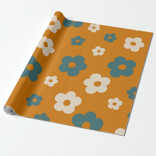 Preppy Brown Blue Hippie Flower Pattern Cadeaupapier (Uitgerold)