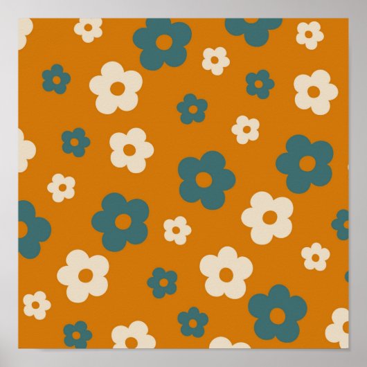 Preppy Brown Blue Hippie Flower Pattern Poster (Voorkant)