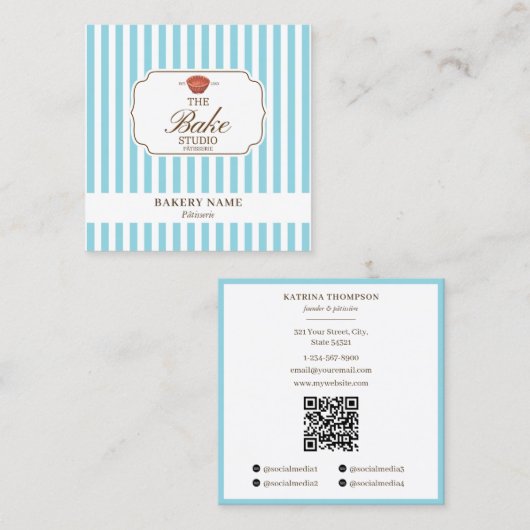 Preppy Brown & Blue Stripes Bakery Logo QR Code Vierkante Visitekaartje (Voorkant / Achterkant)