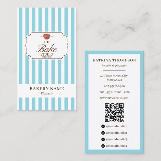Preppy Brown & Blue Stripes Bakery Logo QR Code Visitekaartje (Voorkant / Achterkant)