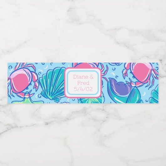 Preppy Bruiloft Strand Shell Krab Custom Waterfles Etiket (Enkel label)
