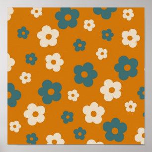 Preppy bruin blauw hippie bloempatroon poster