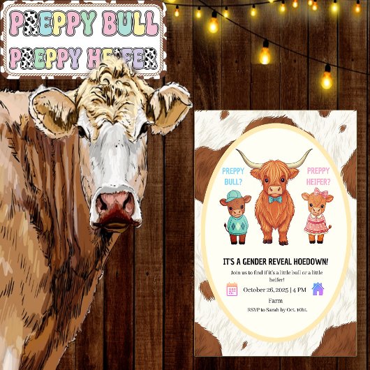 Preppy Bull or Heifer Gender Reveal Hoedown Kaart