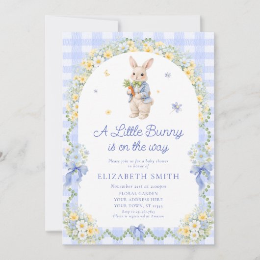 Preppy Bunny Floral Rabbit Gingham Boy Baby Shower Kaart (Voorkant)