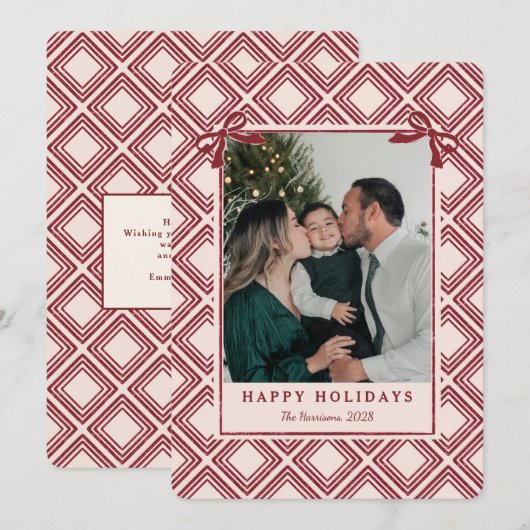 Preppy Burgundy Diamond Pattern Holiday Card (Voorkant / Achterkant)