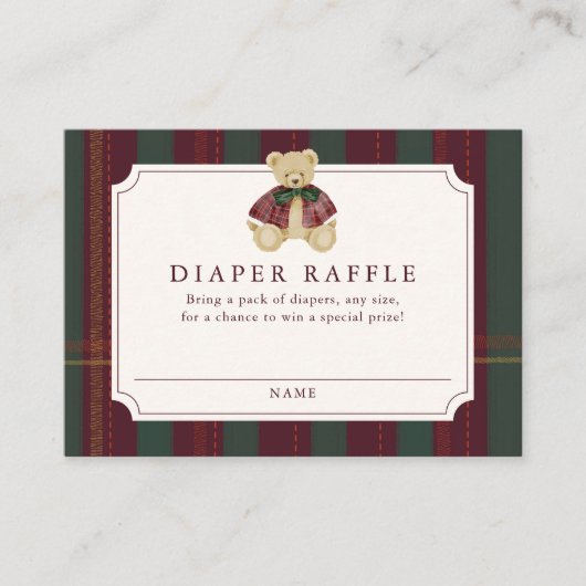 Preppy Burgundy Plaid Teddy Bear Diaper Raffle Informatiekaartje (Voorkant)