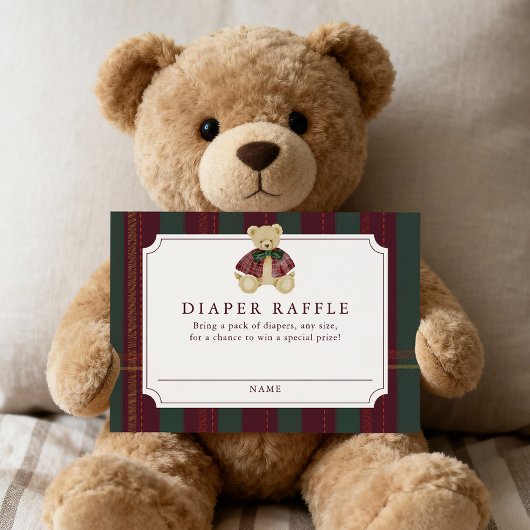 Preppy Burgundy Plaid Teddy Bear Diaper Raffle Informatiekaartje