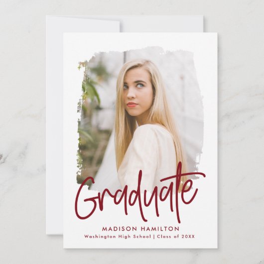 Preppy Burgundy Script Photo Afstuderen Aankondiging (Voorkant)