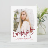 Preppy Burgundy Script Photo Afstuderen Aankondiging (Staand voorkant)