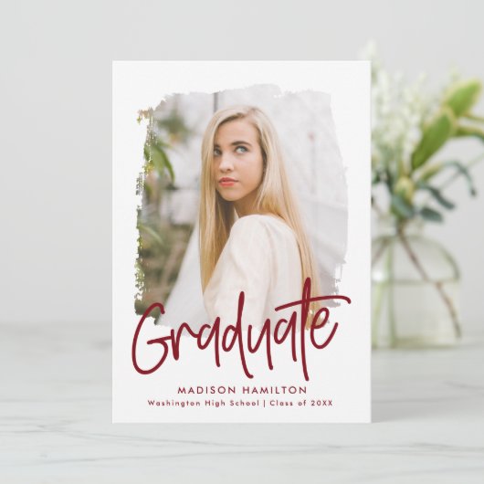 Preppy Burgundy Script Photo Afstuderen Aankondiging (Staand voorkant)
