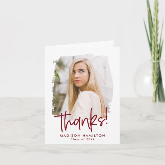 Preppy Burgundy Script Photo Afstuderen Bedankkaart (Voorkant)