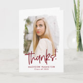 Preppy Burgundy Script Photo Afstuderen Bedankkaart (Voorkant)