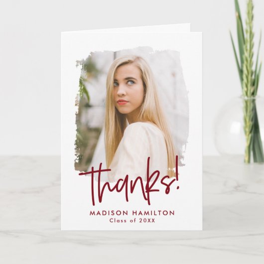 Preppy Burgundy Script Photo Afstuderen Bedankkaart (Voorkant)