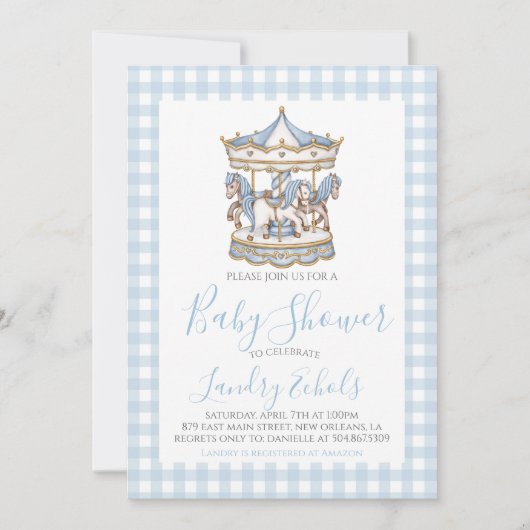 Preppy Carousel Blue Boy Baby shower Kaart (Voorkant)