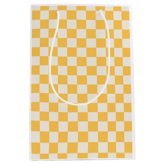 Preppy Checkerboard Yellow White Mod Retro Medium Cadeauzakje (Voorkant)