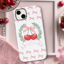 Preppy Cherries Pink Bows Laurel Krans Logo Naam Case-Mate iPhone 14 Plus Hoesje